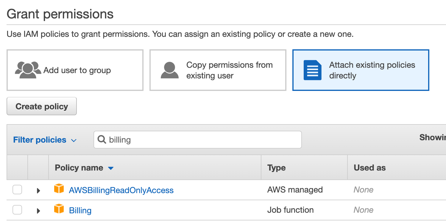 List of existing AWS policies to grant billing access